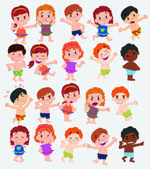 Cartoon character boys and girls in a swimsuit. Set with different postures, attitudes and poses, doing different activities. Vector illustrations.