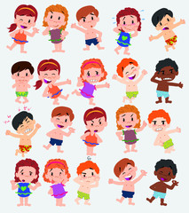 Cartoon character boys and girls in a swimsuit. Set with different postures, attitudes and poses, doing different activities. Vector illustrations.