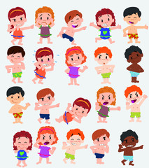 Cartoon character boys and girls in a swimsuit. Set with different postures, attitudes and poses, doing different activities. Vector illustrations.