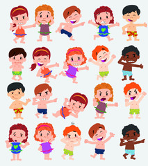 Cartoon character boys and girls in a swimsuit. Set with different postures, attitudes and poses, doing different activities. Vector illustrations.