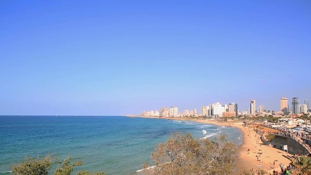 Wide angle video panorama of of quai in southern Tel Aviv from Jaffa