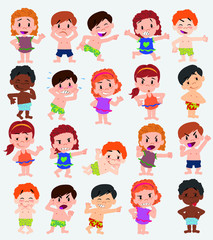 Cartoon character boys and girls in a swimsuit. Set with different postures, attitudes and poses, doing different activities. Vector illustrations.