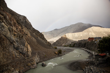 Trekking in Nepal, Annapurna circuit. Walk from Jomsom to Muktinath, Kali Gandaki riverbend near...