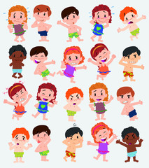Cartoon character boys and girls in a swimsuit. Set with different postures, attitudes and poses, doing different activities. Vector illustrations.