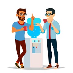 Water Cooler Gossip Vector. Modern Office Water Cooler. Laughing Friends, Office Colleagues Men Talking To Each Other. Communicating Male. Isolated Flat Cartoon Character Illustration
