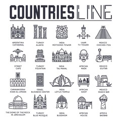 Fototapeta premium Country travel collextion set. Set of architecture, fashion, people, item, nature background concept. Infographic traditional ethnic flat, outline, thin line icon 