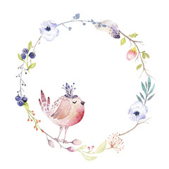 Watercolor boho floral wreath. Bohemian natural frame: leaves, feathers, flowers, Isolated on white background. Artistic decoration illustration. Save the date, logo, weddign design