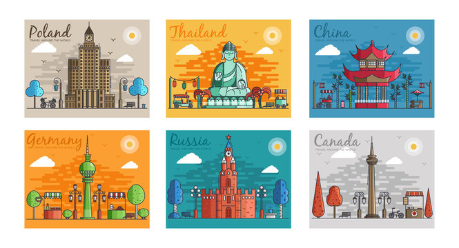 Set of different cities for travel destinations. landmarks banner template of flyer, magazines, posters, book cover, banners. Layout workplace technology flat illustrations modern pages