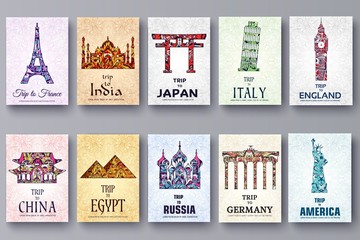 set of art ornamental travel and architecture on ethnic floral style flyers. Vector decorative card. Historical monuments of France, India, Japan, China, Egypt, Russia, England, Italy, USA, Germany