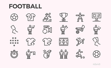 Football icons. Football players and equipment, rules for the game. Ball, field, referee and other symbols. Editable line.