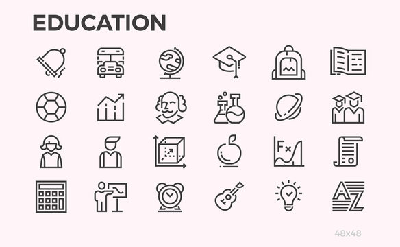 Education icons. School curriculum and equipment, teachers and students and other symbols. Editable line.