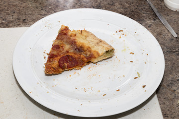 One slice of pizza on a white plate