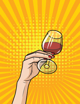 Vector retro illustration pop art comic style of a glass with red wine. Hand with glass of alcohol