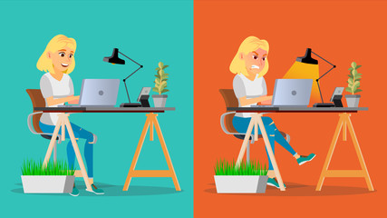 Stressed Out Woman Vector. Blonde Girl Working At Office. Stressful Work, Job. Tired Business Person. Hard Career. Calm Company Employee. Flat Cartoon Character Illustration
