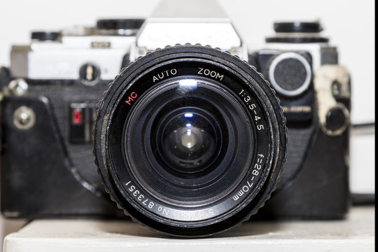 Vintage SLR film camera front view
