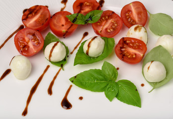 Caprese salad skewer with tomato, mozzarella and basil italian food and healthy vegetarian diet
