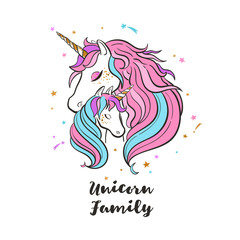Unicorn family. Love. Magic. Dream. Vector hand drawn illustration card postcard