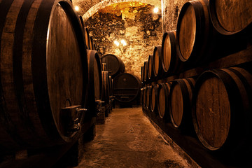 Wooden barrels with wine in a wine vault