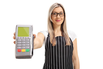 Waitress giving a payment terminal
