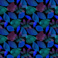 A seamless pattern with hand draw green and blue leaves on black background