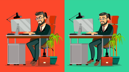 Stressed Out Boss Vector. Bearded CEO Working At Office. Stressful Work, Job. Tired Businessman. Person. Hard Career. IT Startup Business Company. Flat Cartoon Character Illustration