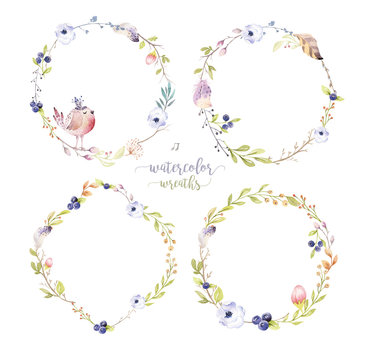 Watercolor boho floral wreath. Bohemian natural frame: leaves, feathers, flowers, Isolated on white background. Artistic decoration illustration. Save the date, logo, weddign design