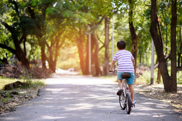 Fototapeta na wymiar Asian boy ride bicycle in a park
