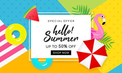 Summer sale banner vector illustration. Beach umbrella with summer element on colorful background. © Farosofa