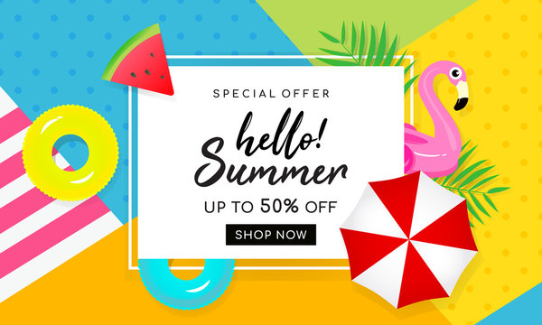 Summer sale banner vector illustration. Beach umbrella with summer element on colorful background.