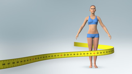 3D rendering of a tape measure rotates around young fit female, symbolizes dieting and healthy lifestyle.
