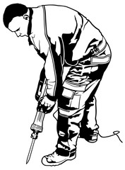 Construction Worker with Pneumatic Hammer - Black and White Illustration, Vector