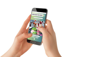 Female hands holding smartphone and ordering vegetarian food with app delivery on screen, isolated on white background
