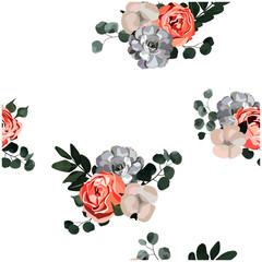 Beautiful Colorful pastel seamless pattern roses, eucalyptus, cotton on white background in watercolor drawing style. Vector illustration.Eps10