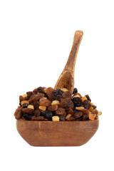 isolated raisins currants candied peel in wood bowl with spoon
