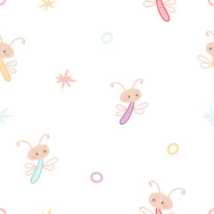 Seamless pattern of multicolored cartoon dragonflies