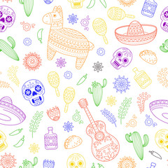 Cinco de Mayo celebration in Mexico. Cartoon doodle collection objects for Cinco de Mayo parade with pinata, maracas, sambrero, tequila, tacos, cactus, skull, flag. Vector seamless pattern, texture