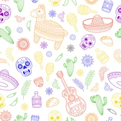 Fotobehang Cinco de Mayo celebration in Mexico. Cartoon doodle collection objects for Cinco de Mayo parade with pinata, maracas, sambrero, tequila, tacos, cactus, skull, flag. Vector seamless pattern, texture © yepifanovahelen