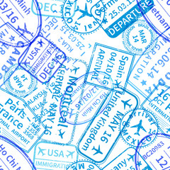 Blue International travel visa rubber stamps imprints on white, seamless pattern