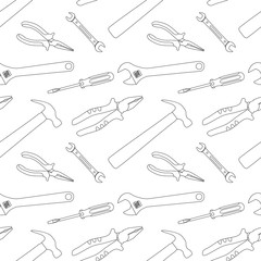 Home repair and house renovation seamless pattern with construction work tools. Hand instrument: hammer, screwdriver, spanner, wrench, pliers, vector