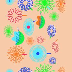Fototapeta na wymiar Vertical seamless pattern of floral motif, flowers, leaves, doodles. Copy space.