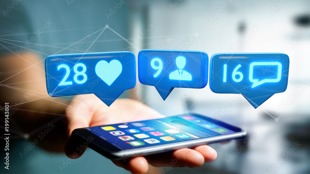Poster businessman using a smartphone with a like, follower and message notification on social network - 3d