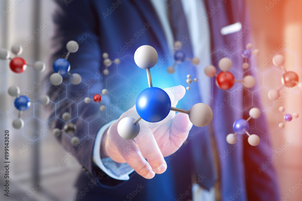 Poster 3d rendering molecule on a displayed on a medical interface