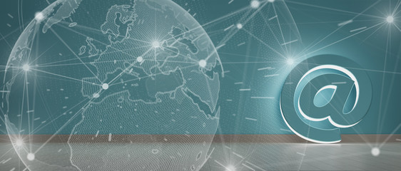 Internet illuminated symbol hold against a wall