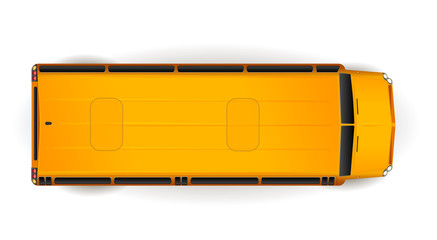 Top view of bright yellow realistic school bus on white