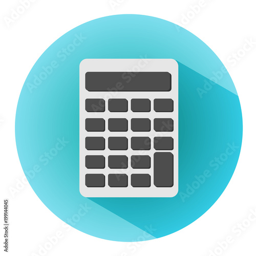 "Calculator icon with long shadow. Flat design style. Round icon" Stock