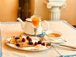 Kaffee Frühstück Tee Pfannkuchen Obst Dessert 