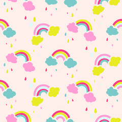 Fototapeta na wymiar Rainbow and clouds cute baby seamless vector pattern.