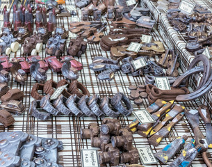 chocolate handmade objects in a chocolate market. Artistic food