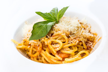 tasty pasta Italian meat sauce pasta on the table