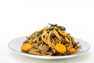 fried beef noodle food on the table